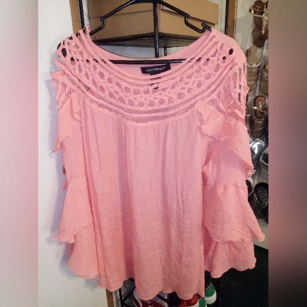 Ashley Stewart Pink Crochet Yoke Ruffled Sleeve Blouse